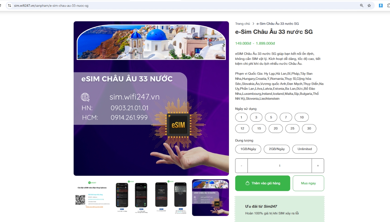 eSIM 33 nước Châu Âu	